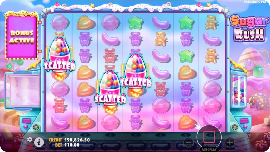 Sugar Rush game interface with scatter symbols