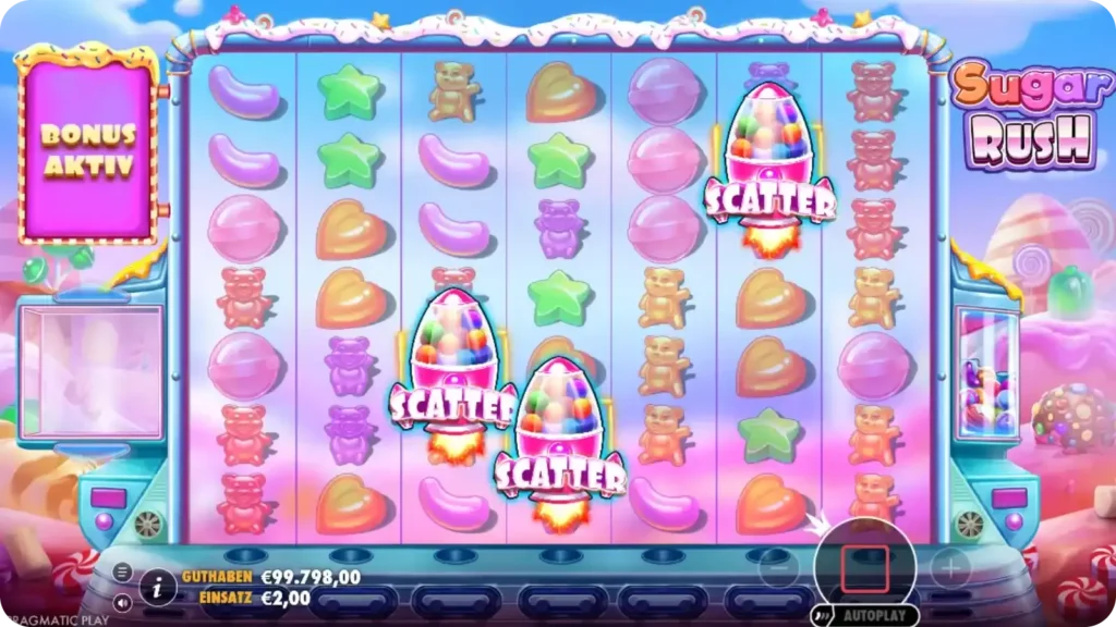Sugar Rush Spieloberfläche mit Scatter-Symbolen