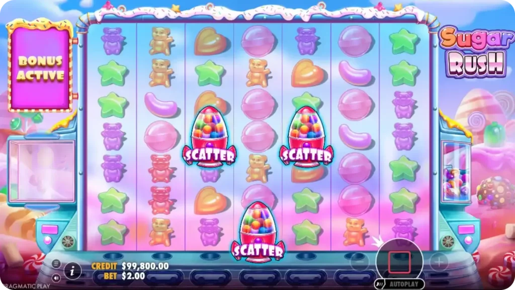Sugar Rush-spelinterface met scatter-symbolen