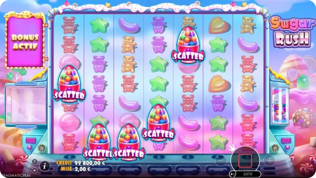 Interface du jeu Sugar Rush avec symboles de dispersion