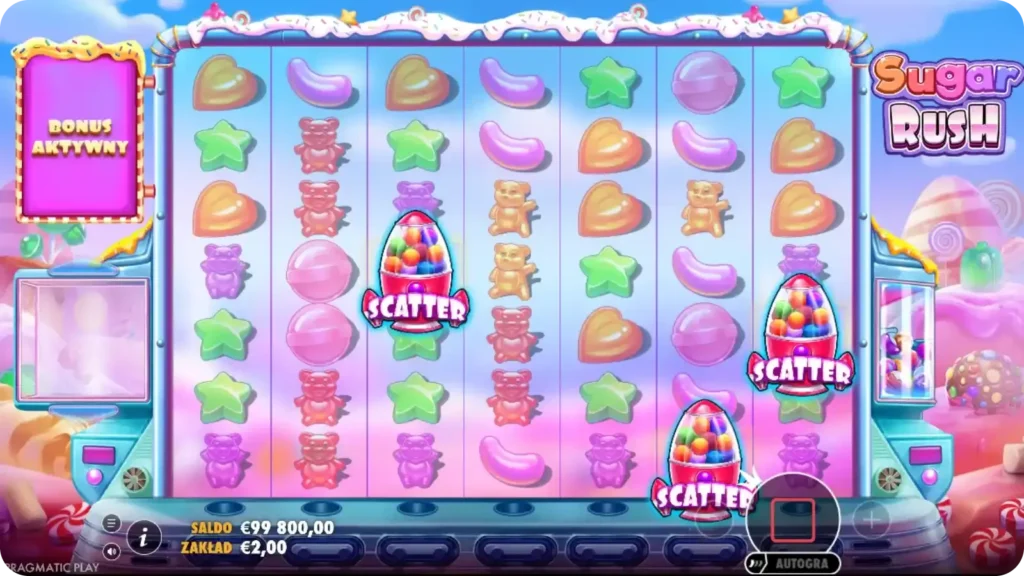 Interfejs gry Sugar Rush z symbolami scatter